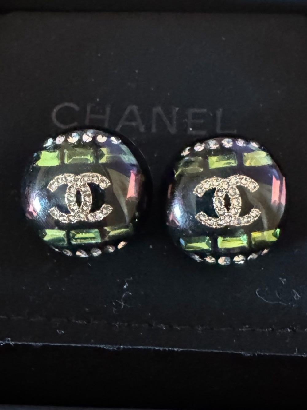 Rare Limited Edition Chanel CC Logo Green and Pink Enamel Crystal Stud Earrings